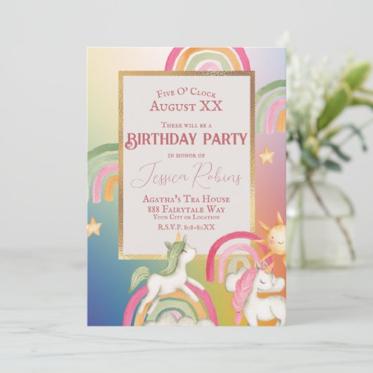 Leuke Eenhoorns op een Regenbogen en Sterren Kaart (Staand voorkant)
