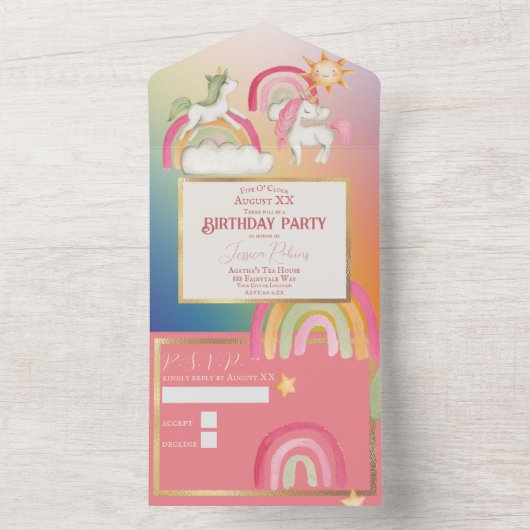 Leuke Eenhoorns op een Regenboog All In One Uitnodiging (Binnen)