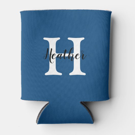 Leuke Eenvoudige Blauwe & Witte Monogram Naam + In Blikjeskoeler (Voorkant)