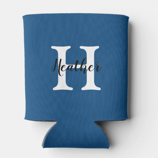 Leuke Eenvoudige Blauwe & Witte Monogram Naam + In Blikjeskoeler (Achterkant)