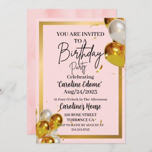 Leuke Eenvoudige Gouden & Roze Verjaardagsuitnodig Notitiekaartje