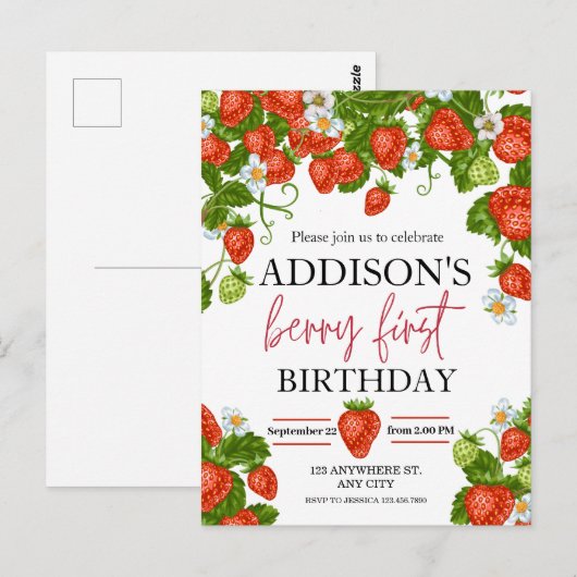 Leuke Eenvoudige Rode Blauwe Berry Sweet 1e Verjaa Briefkaart (Voorkant / Achterkant)