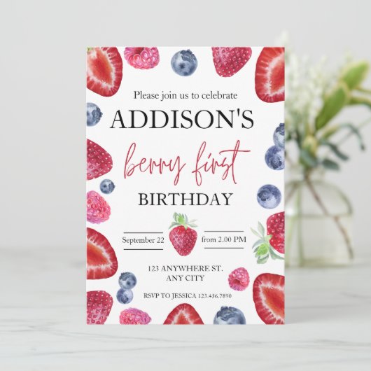 Leuke Eenvoudige Rode Blauwe Berry Sweet 1e Verjaa Kaart (Staand voorkant)