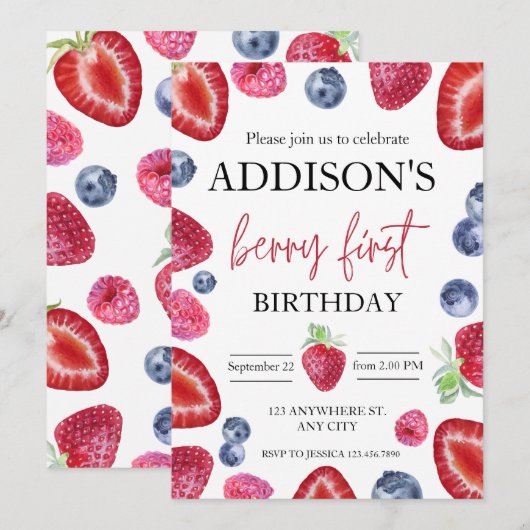 Leuke Eenvoudige Rode Blauwe Berry Sweet 1e Verjaa Kaart (Voorkant / Achterkant)