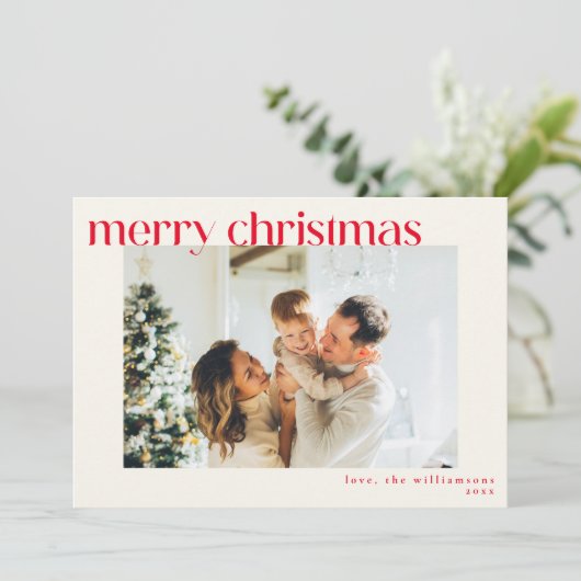 Leuke Eenvoudige Rode Moderne Douanefoto Kerstmis Feestdagenkaart (Staand voorkant)