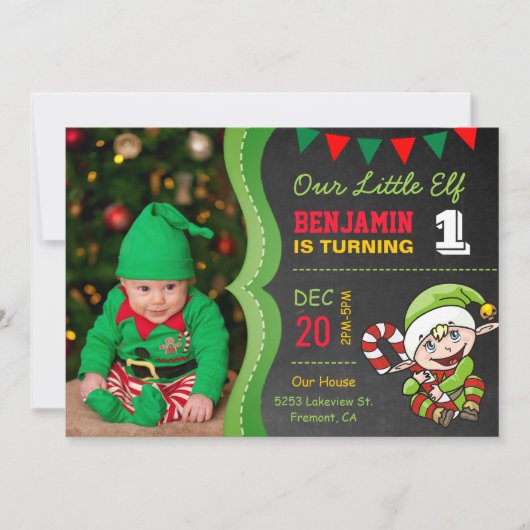 Leuke Elf Eerste Kerstmis Verjaardagsfeestuitnodig Kaart (Voorkant)