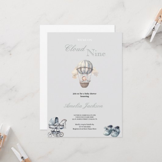 Leuke en eenvoudige grijze jongen babyshower uitno kaart (Voorkant / Achterkant in situ)