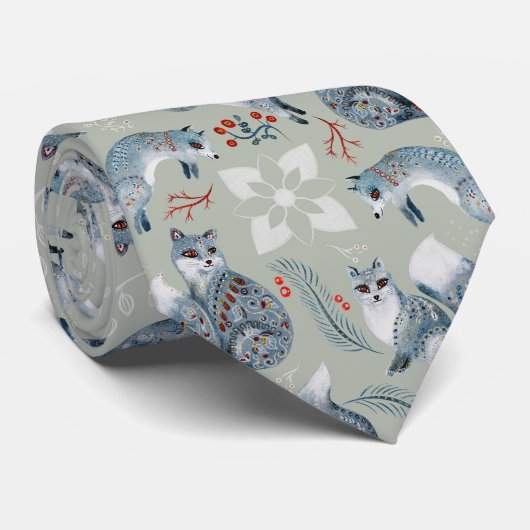 Leuke en fancy grijze vossen en bloemmotief stropdas (Opgerold)