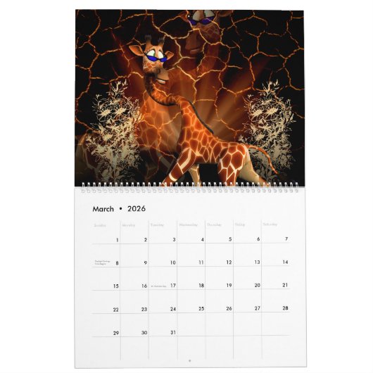 Leuke en grappige cartoon giraffe kalender (Mar 2026)