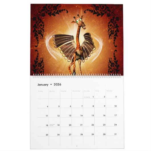Leuke en grappige cartoon giraffe kalender (Jan 2026)