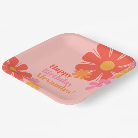 Leuke en Groovy Retro Bloemen Gelukkige Verjaardag Papieren Bordje (Gebogen)
