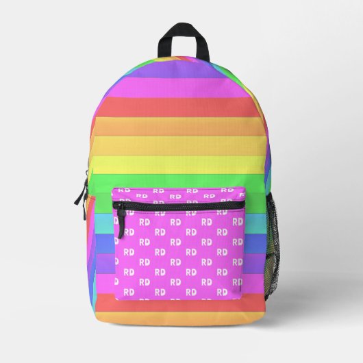 Leuke en heldere regenboogstrepen, monogrammen op  bedrukte rugzak (Voorkant)