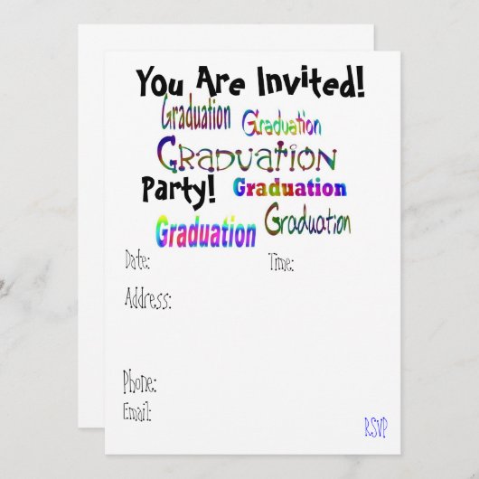 Leuke en kleurrijke afstudeerfeest uitnodiging (Voorkant / Achterkant)