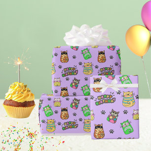 Leuke en kleurrijke Happy Birthday Cats Cadeaupapier