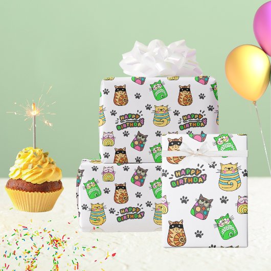 Leuke en kleurrijke Happy Birthday Cats Cadeaupapier