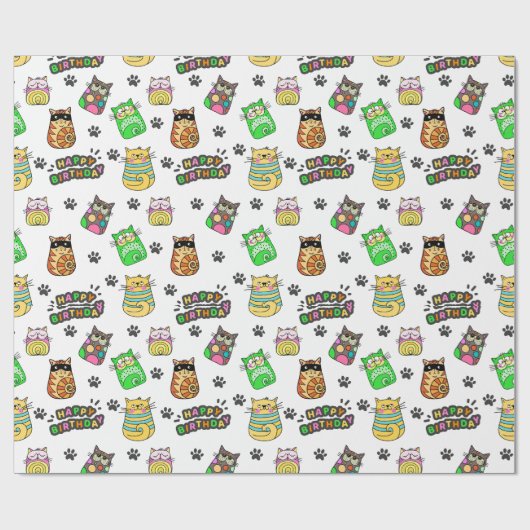Leuke en kleurrijke Happy Birthday Cats Cadeaupapier (Vlak)