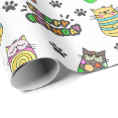 Leuke en kleurrijke Happy Birthday Cats Cadeaupapier (Rol Hoek)