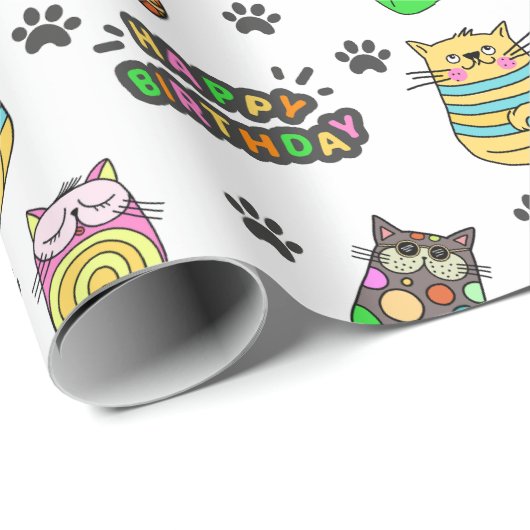 Leuke en kleurrijke Happy Birthday Cats Cadeaupapier (Rol Hoek)