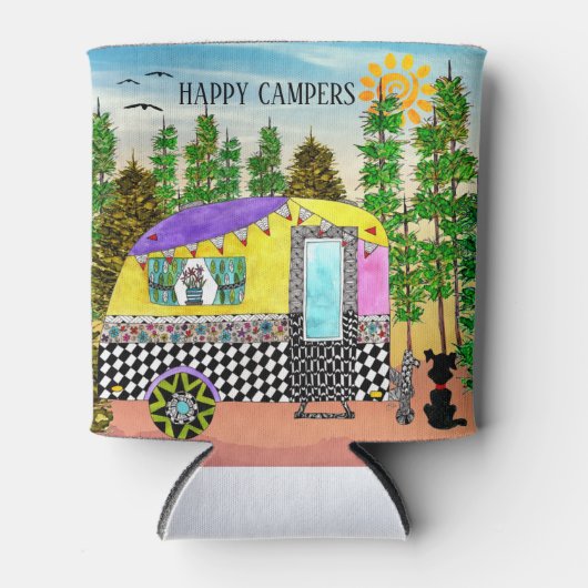 Leuke en kleurrijke Happy Camper Blikjeskoeler (Voorkant)