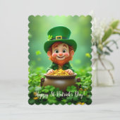 Leuke en schattige kabouter, gouden munten, shamro feestdagenkaart (Staand voorkant)