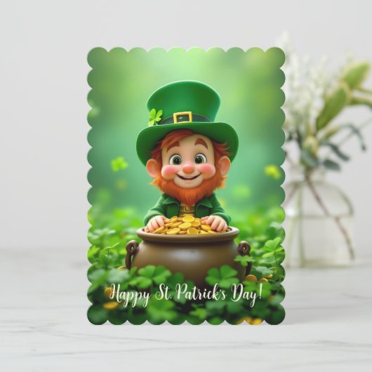 Leuke en schattige kabouter, gouden munten, shamro feestdagenkaart (Staand voorkant)