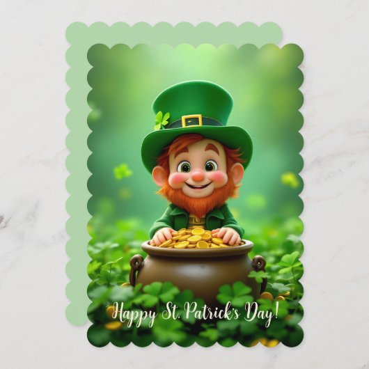 Leuke en schattige kabouter, gouden munten, shamro feestdagenkaart (Voorkant / Achterkant)