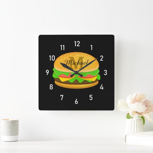 Leuke en smakelijke burger Monogram en nummers Vierkante Klok (Huis)