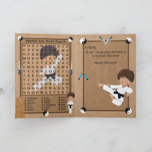 Leuke Etnische Jongens Karate Woordzoekactie Gefel Kaart