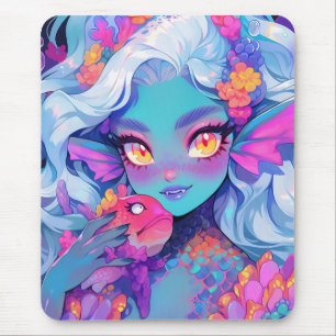 Leuke Fanged Mermaid Anime Meisje en Pet Fish Muismat