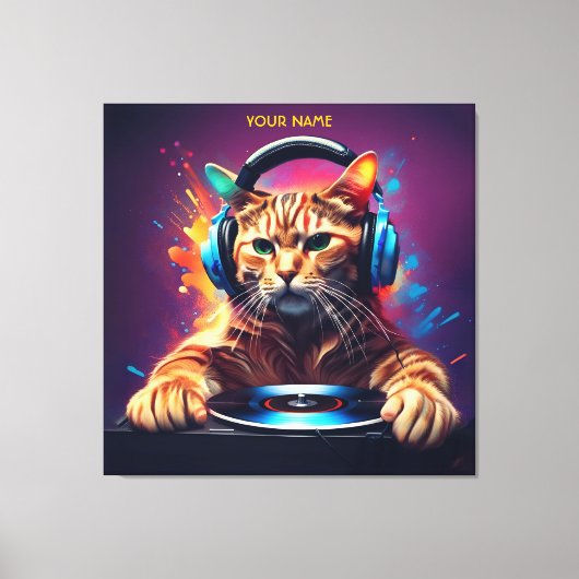 Leuke Fantasy Cat DJ Vinyl Canvas Afdruk (Voorkant)
