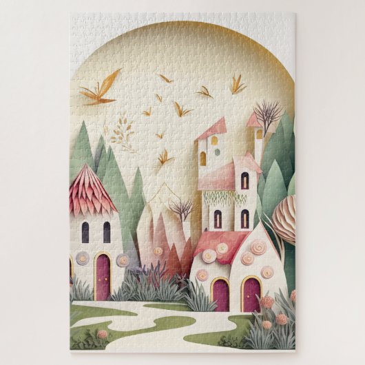 Leuke Fantasy Fairy Town Achtergrond Legpuzzel (Verticaal)
