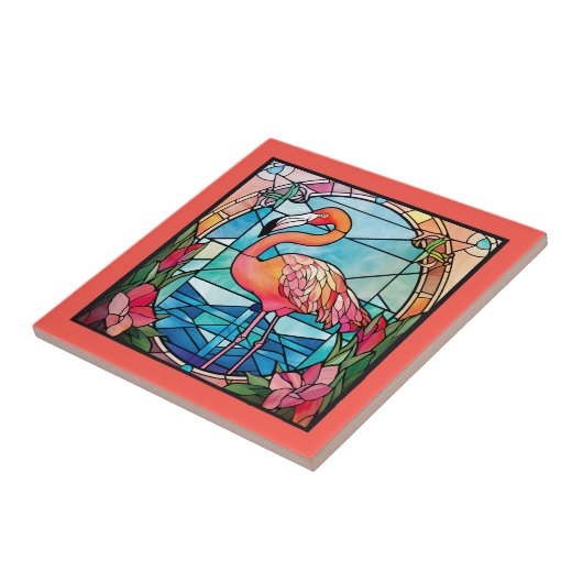 Leuke faux gebrandschilderd glas roze flamingo tegeltje (Zijkant)