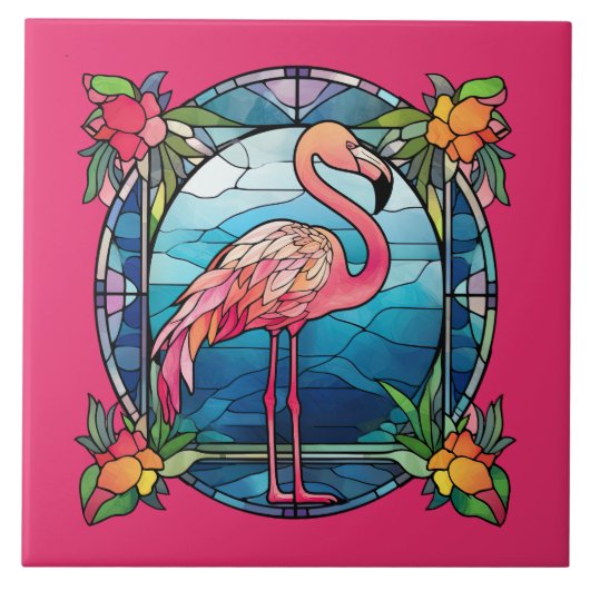 Leuke faux gebrandschilderd glas roze flamingo tegeltje (Voorkant)