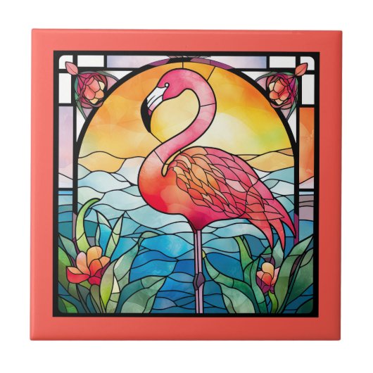 Leuke faux gebrandschilderd glas roze flamingo tegeltje (Voorkant)