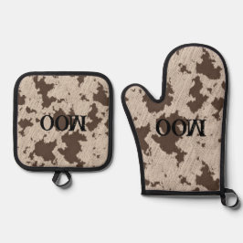 Leuke Faux Koe Print Cream en Bruin Ovenwant & Pannenlap Set