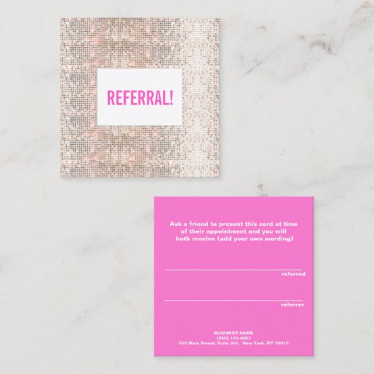 Leuke Faux Zilveren Sequin Roze Schoonheid Salon V Aanbevelingskaartje (Voorkant / Achterkant)