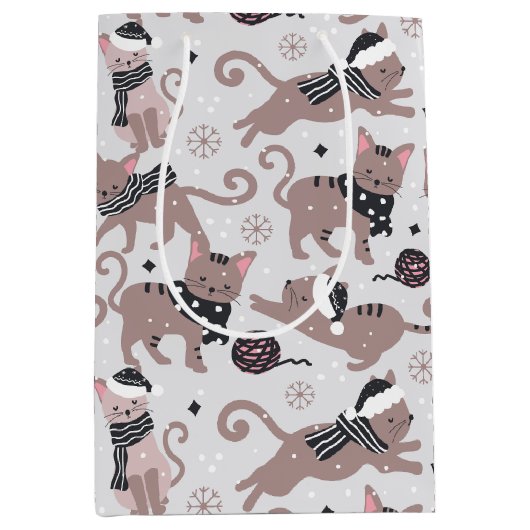 Leuke feestelijke kat kerstpatroon medium cadeauzakje (Voorkant)