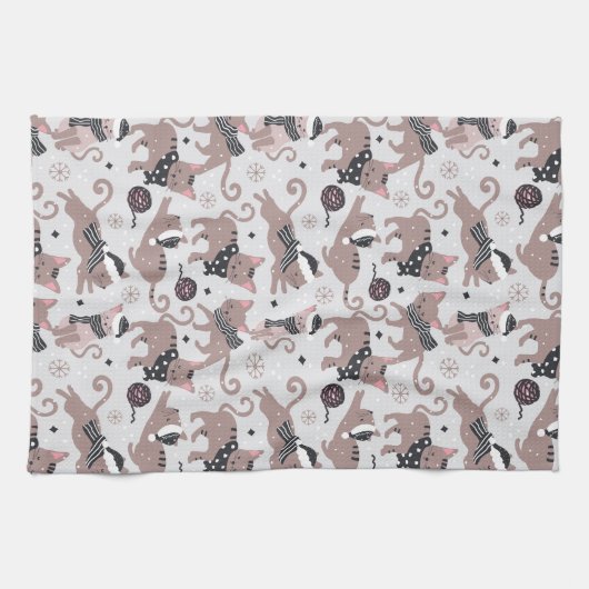 Leuke feestelijke kat kerstpatroon theedoek (Horizontaal)