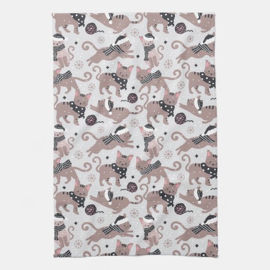 Leuke feestelijke kat kerstpatroon theedoek (Verticaal)