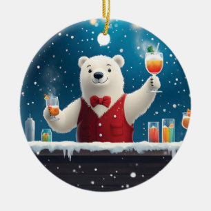 Leuke feestelijke Polar Beer Bartender Illustratie Keramisch Ornament
