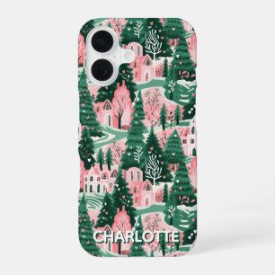 Leuke Feestelijke Roze & Groene Preppy Kerst Patro iPhone 16 Hoesje