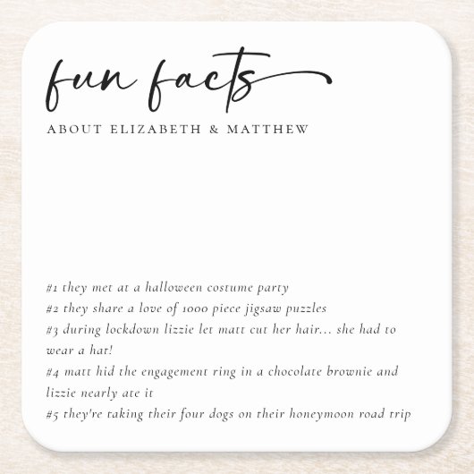 Leuke feiten minimalistisch script bruiloft kartonnen onderzetters (Voorkant)