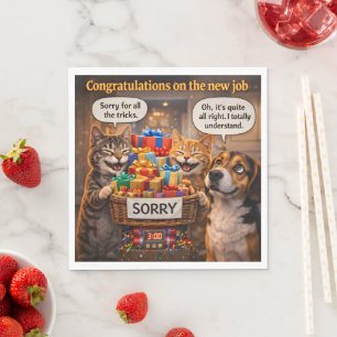 Leuke felicitatie met de nieuwe baan kat en hond n servet