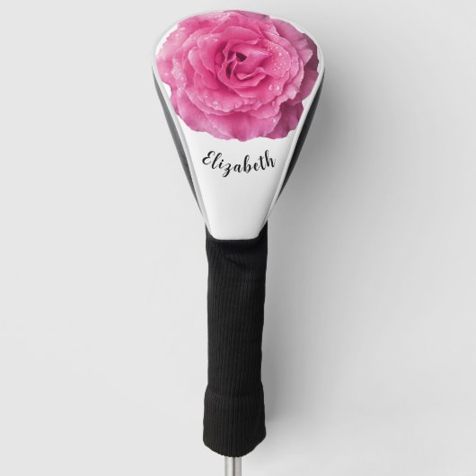 Leuke felroze roos bloem aangepaste naam dames golfheadcover (Voorkant)