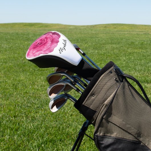 Leuke felroze roos bloem aangepaste naam dames golfheadcover (Insitu)