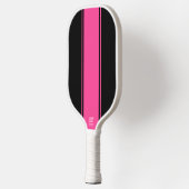 Leuke felroze verticale racestrepen op zwart pickleball paddle (Links)
