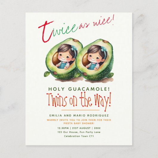 Leuke Fiesta Avocado TWIN GIRLS Baby Shower BUDGET (Voorkant)
