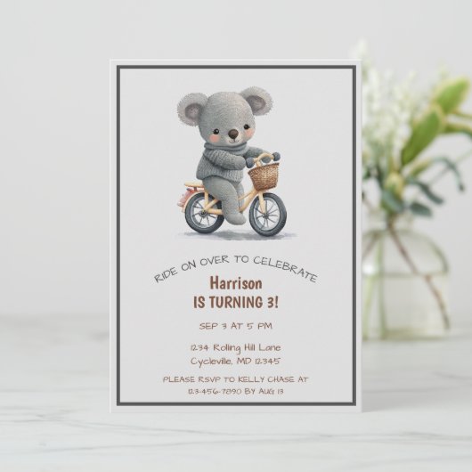 Leuke Fiets Party Dier Derde Verjaardag Kaart (Staand voorkant)