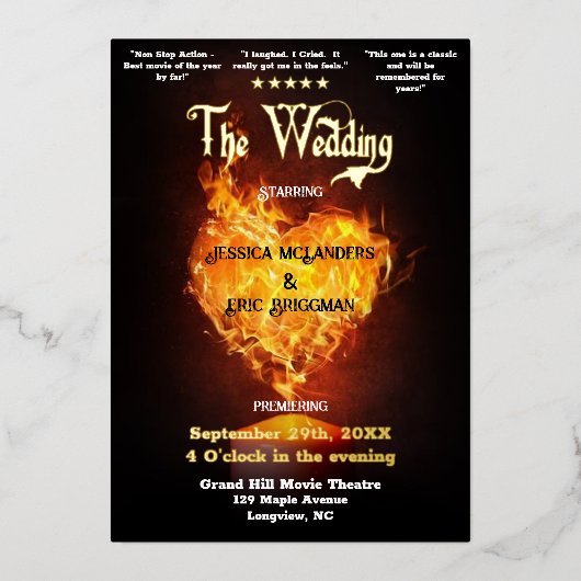 Leuke Film Theater Poster Thema Bruiloft Folie Uitnodiging (Voorkant)