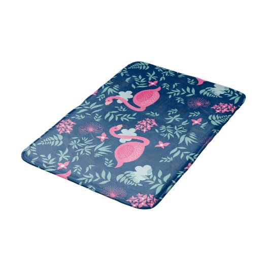 Leuke flamingo's & bloemen op marineblauwe achterg badmat (Gekanteld)